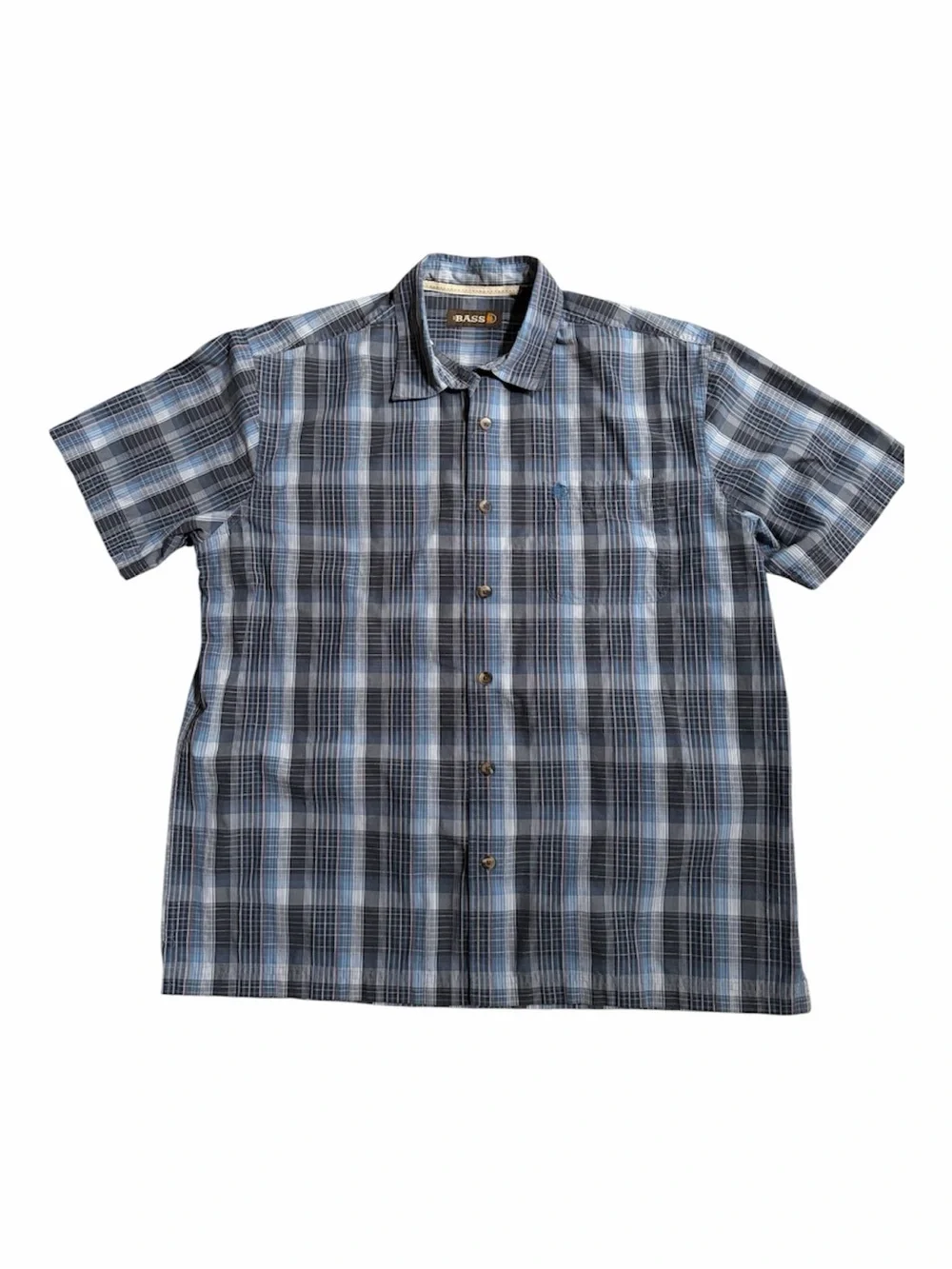 GH Bass Men Large Blue Gray Paid Short Sleeve Casual Button Down Shirt